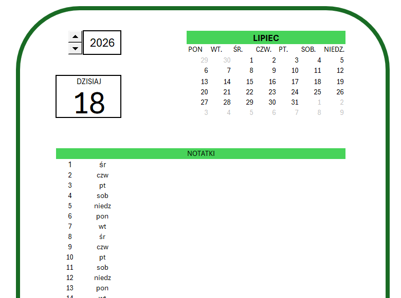 🗓️Dynamiczny Kalendarz w Excelu – darmowy szablon kalendarz